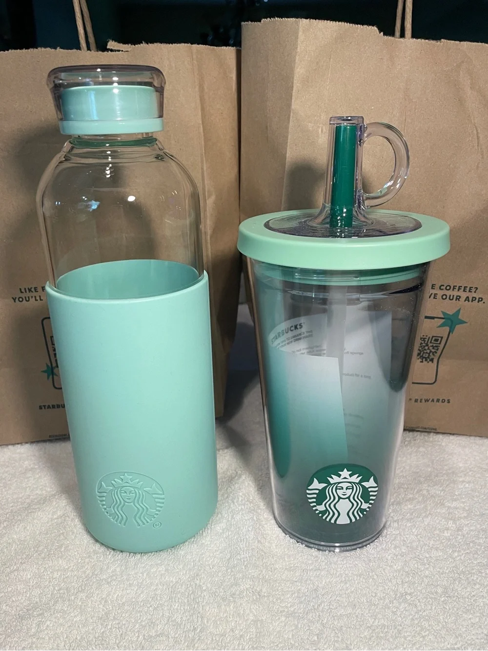 Starbucks Lot of 2: Roadtrip Aqua collection cold cup and glass bottle
